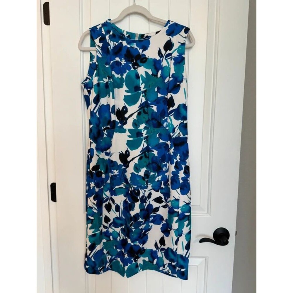 Calvin Klein Blue Teal Floral Sheath Dress Size 12 Sleeveless